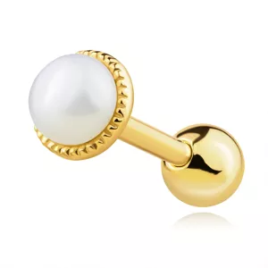 Rovný piercing do nosa v žltom zlate 585 - sladkovodná perla, vrúbkovaný lem