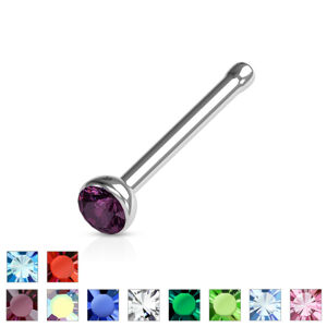 Rovný piercing do nosa z 316L ocele - farebný krištáľ v objímke, 0,8mm - Farba zirkónu: Ružová - P