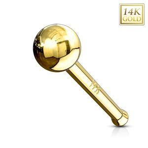 Rovný zlatý 14K piercing do nosa - lesklá hladká gulička, žlté zlato - Hrúbka piercingu: 1 mm