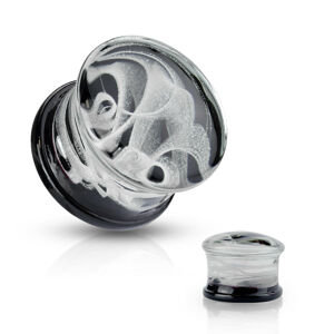 Sedlový plug do ucha Pyrex sklo - vzor biely dym s čiernym zakončením  - Hrúbka: 12 mm