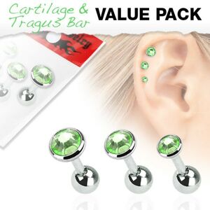 Set troch oceľových piercingov do ucha, okrúhle zelené kamienky
