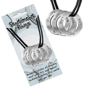 Šnúrkový náhrdelník - kolieska s nápismi "Love, Peace, Beauty"