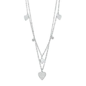 Srdiečkový náhrdelník z chirurgickej ocele - hladké a zirkónové srdcia, brúsené zirkóny, dvojitá retiazka
