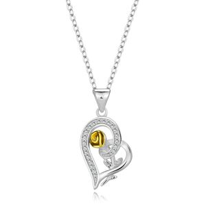 Strieborný 925 náhrdelník - kontúra srdca so zirkónmi, ruža s hlavičkou v zlatej farbe