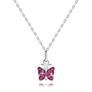 Strieborný 925 náhrdelník - lesklá retiazka, motýlik, okrúhle ružové zirkóny