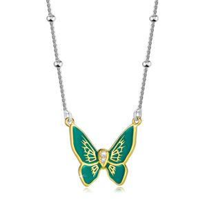 Strieborný 925 náhrdelník - motýľ so zelenými krídlami, zirkónové telo, hladké guličky