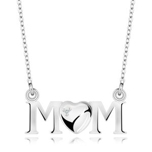 Strieborný 925 náhrdelník - nápis MOM, srdce s okrúhlym briliantom