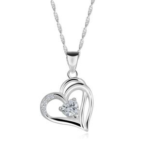 Strieborný 925 náhrdelník - obrys srdca so zdvojenou polovicou, srdiečkový zirkón, zirkóniky
