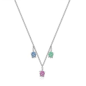 Strieborný 925 náhrdelník - tri korytnačky, farebné kamienky, pérový krúžok