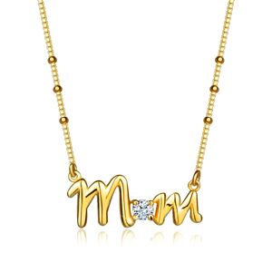Strieborný 925 náhrdelník - zlatá farba, nápis "Mom", okrúhly zirkón, retiazka s guličkami