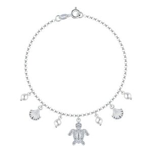 Strieborný 925 náramok - korytnačka, mušľa, biele sladkovodné perly, číre zirkóny