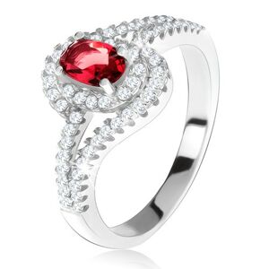 Strieborný 925 prsteň, červený kameň s lemom, zvlnené zirkónové ramená - Veľkosť: 53 mm