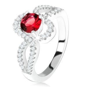 Strieborný 925 prsteň, červený okrúhly kameň, zatočené zirkónové ramená - Veľkosť: 50 mm