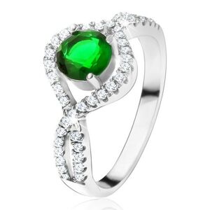 Strieborný 925 prsteň, okrúhly zelený kameň, zatočené zirkónové ramená - Veľkosť: 54 mm