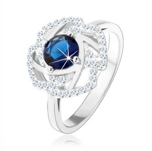 Strieborný 925 prsteň, trblietavý obrys kvetu, modrý okrúhly zirkón - Veľkosť: 54 mm