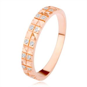 Strieborný 925 prsteň v medenom odtieni, diamantový rez, číre zirkóny - Veľkosť: 52 mm