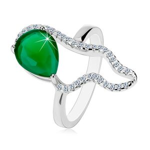 Strieborný 925 prsteň - veľká zelená slza zo zirkónu, číra asymetrická kontúra - Veľkosť: 51 mm