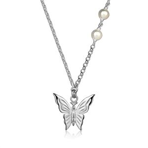 Strieborný náhrdelník 925 - motýľ, biele sladkovodné perly, rôzne druhy retiazok