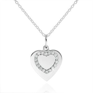 Strieborný náhrdelník 925, ploché srdiečko a kontúra srdca so zirkónmi