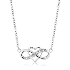 Strieborný náhrdelník 925 - symbol nekonečna, tenký obrys srdca, číre zirkóny