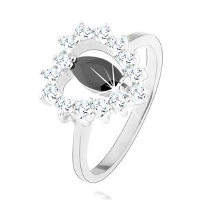 Strieborný prsteň 925, čierny zirkón - zrnko, srdcový obrys, číre zirkóny - Veľkosť: 54 mm