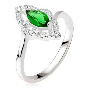 Strieborný prsteň 925 - elipsovitý kamienok zelenej farby, zirkónová kontúra - Veľkosť: 53 mm