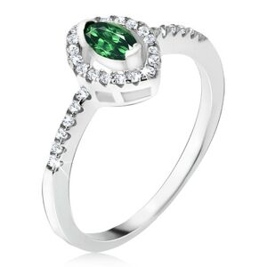 Strieborný prsteň 925 - elipsovitý zelený kamienok, zirkónová kontúra - Veľkosť: 52 mm