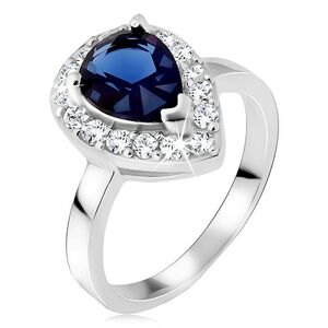 Strieborný prsteň 925, modrý slzičkový kameň so zirkónovým lemom - Veľkosť: 59 mm