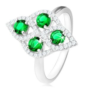Strieborný prsteň 925, oblý kosoštvorec, štyri okrúhle zelené zirkóny, číry lem - Veľkosť: 52 mm