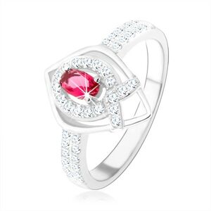 Strieborný prsteň 925, obrys špicatej slzy, ružový zirkón, línia v tvare "V" - Veľkosť: 55 mm