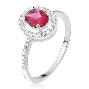 Strieborný prsteň 925 - oválny ružovočervený kamienok, zirkónová obruba - Veľkosť: 63 mm