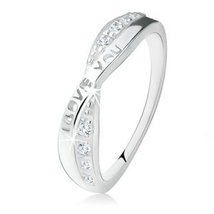 Strieborný prsteň 925, prekrížené ramená, zirkóny, nápis "I LOVE YOU" - Veľkosť: 62 mm