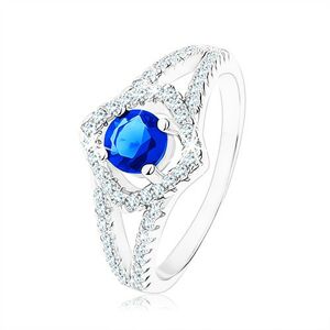 Strieborný prsteň 925, rozdvojené ramená, obrys štvorca, modrý zirkón - Veľkosť: 55 mm