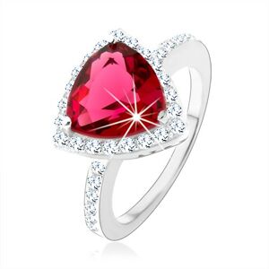 Strieborný prsteň 925, trojuholník, ružový zirkón, ligotavý lem, výrezy - Veľkosť: 52 mm