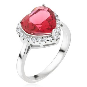Strieborný prsteň 925 - veľký červený srdcový kameň, zirkónový lem - Veľkosť: 47 mm