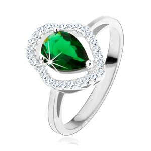 Strieborný prsteň 925, zelená zirkónová kvapka, číry ligotavý obrys - Veľkosť: 52 mm