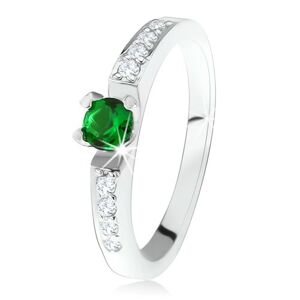 Strieborný zásnubný prsteň 925, okrúhly zelený kamienok, línie čírych zirkónov - Veľkosť: 52 mm
