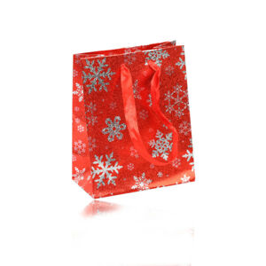Taštička na darček červenej farby - zimný motív s vločkami v striebornom farebnom prevedení, stužky