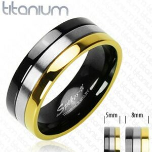 Titánové obrúčky s pruhom v ónyxovej, striebornej a zlatej farbe - Veľkosť: 57 mm