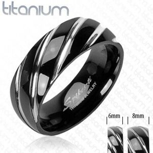 Titánový prsteň čiernej farby - úzke šikmé zárezy v striebornom odtieni - Veľkosť: 58 mm