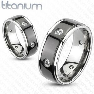 Titánový prsteň - čierny pás, vsadené zirkóny - Veľkosť: 65 mm