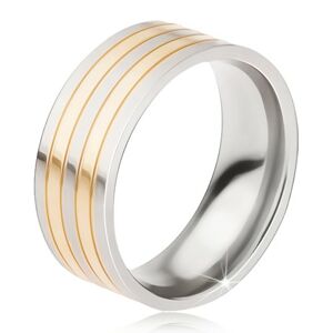 Titánový prsteň - lesklá obrúčka strieborno-zlatej farby, striedajúce sa pásy - Veľkosť: 68 mm