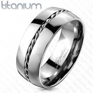 Titánový prsteň - obrúčka striebornej farby, točený drôtik uprostred - Veľkosť: 55 mm