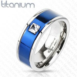 Titánový prsteň s modrým pruhom a štvorcovým zirkónom - Veľkosť: 66 mm