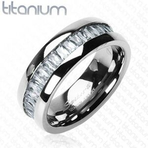 Titánový prsteň so vsadenými, obdĺžnikovými zirkónmi - Veľkosť: 68 mm