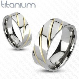 Titánový prsteň striebornej farby - prúžky v zlatej farbe - Veľkosť: 61 mm