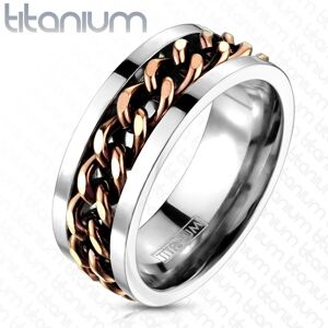 Titánový prsteň striebornej farby - reťaz v medenom farebnom odtieni - Veľkosť: 67 mm
