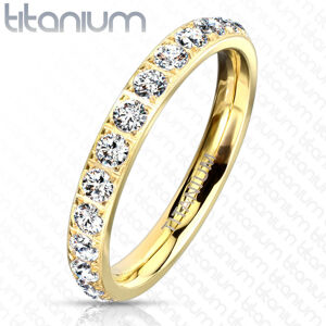 Titánový prsteň v zlatom odtieni - trblietavé zirkóniky čírej farby, 3 mm - Veľkosť: 47 mm