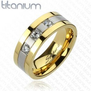Titánový prsteň - zlato-striebornej farby, tri zirkóny - Veľkosť: 65 mm