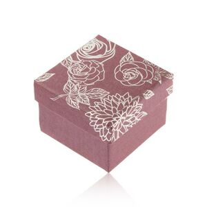 Trblietavá fialová krabička na prsteň, strieborná ilustrácia kvetov